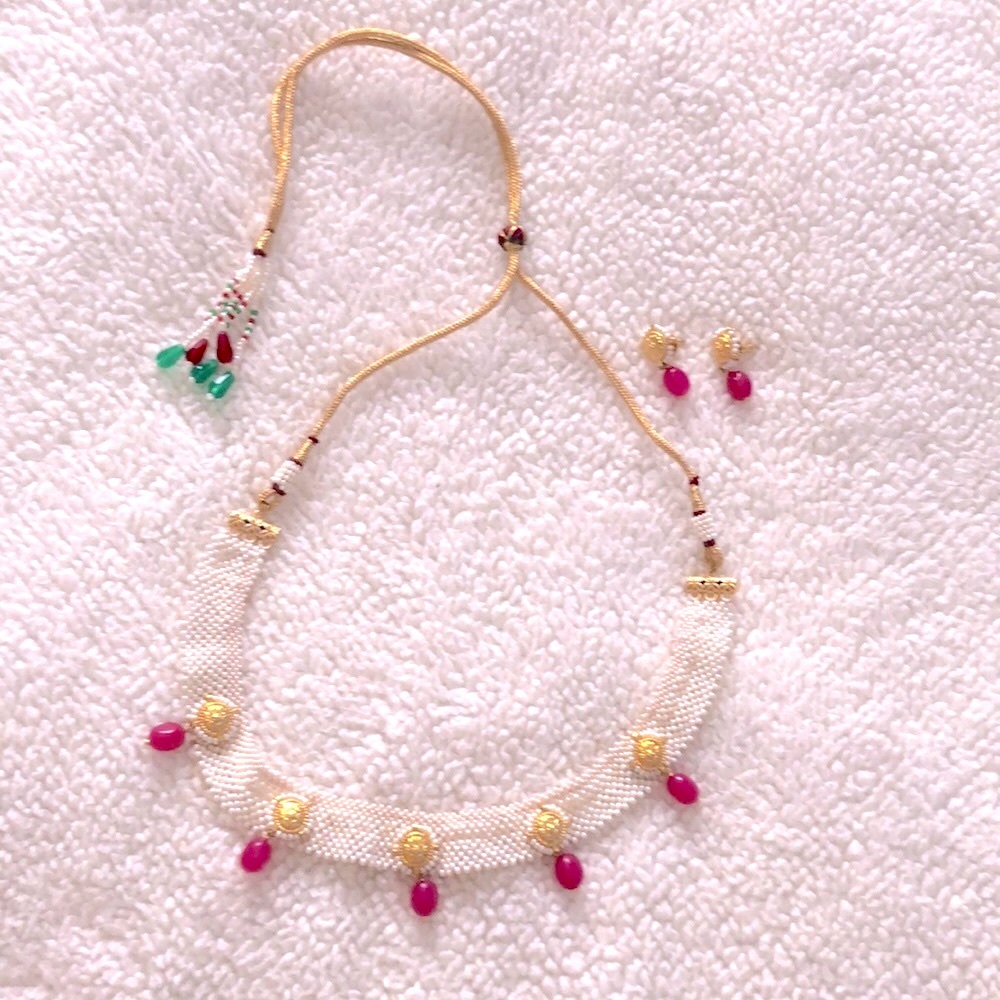 Indian necklace white faux Pearl choker necklace earrings with pink beads